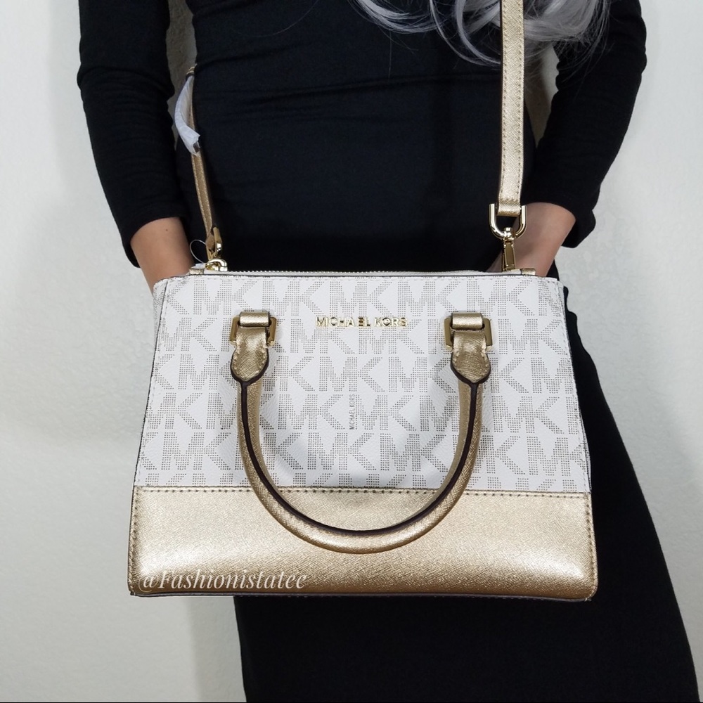 NWT MICHAEL KORS KELLEN SATCHEL CROSSBODY GOLD BAG - Picture 5 of 8